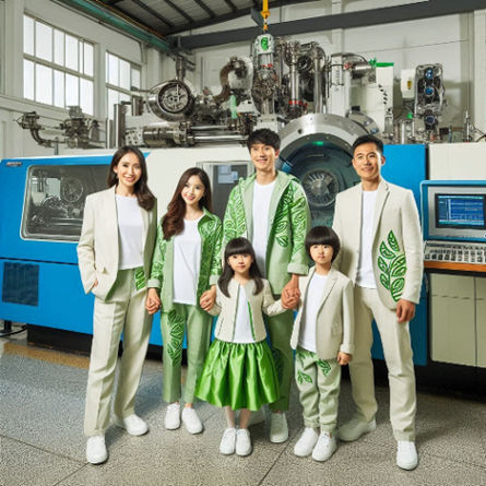 A family dressed in coordinated, eco-friendly outfits, standing in front of GRABE’s precision engineering machinery.