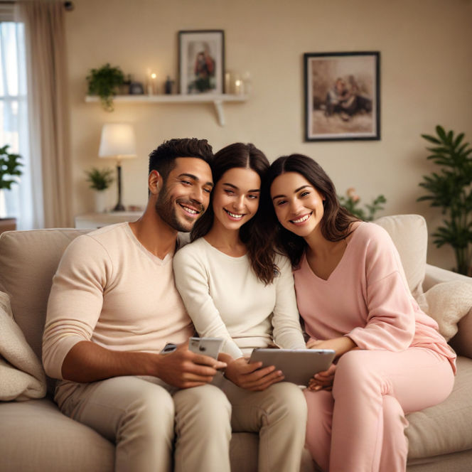 A couple and their toddler dressed in matching outfits, smiling while scrolling Instagram on a tablet.