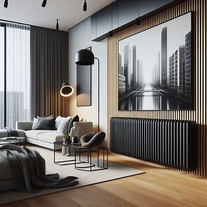 Modern living room with a sleek black designer radiator