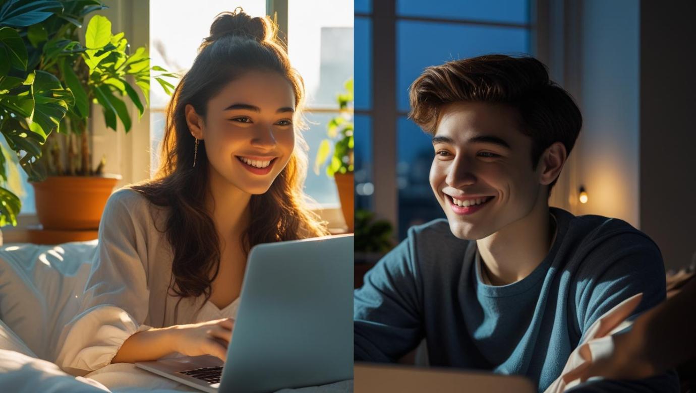 Long-distance couple video calling split between sunny daytime and cozy nighttime rooms.