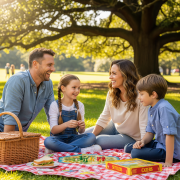 A family of four is sitting together on a picnic blanket in a park. The parents and children are smiling and looking at each other, engaging in a tech-free activity with a board game visible in the foreground.