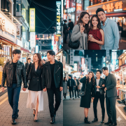 A vibrant photo of several couples and friends enjoying a night out in a bustling area of Seoul, South Korea. They are dressed in fashionable, stylish outfits, showcasing a mix of trendy Korean streetwear and chic evening wear.
