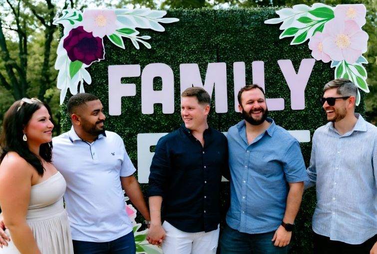 family reunion event with backdrop banner