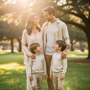 A happy modern family wearing coordinated casual outfits in soft neutral colors, standing outdoors in a park, parents with two children, relaxed fashionable clothing, natural light, warm family atmosphere.