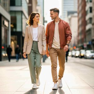A stylish young couple walking in a city street wearing coordinated outfits in complementary colors, modern casual fashion, warm sunlight, urban background.