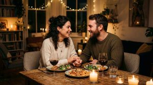 A modern couple enjoying a phone-free candlelit dinner at home