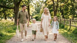 A stylish modern family wearing coordinated neutral-toned outfits in a bright outdoor park