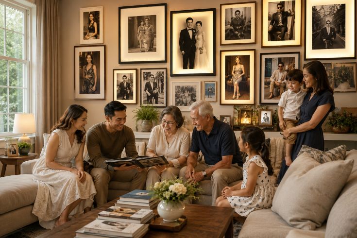 multigenerational family living room with framed portraits