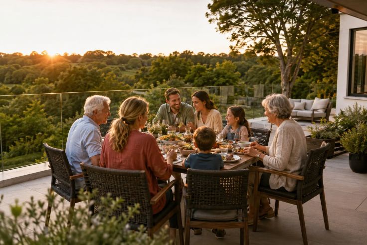 Sunset Family Dinner on a Glass Terrace