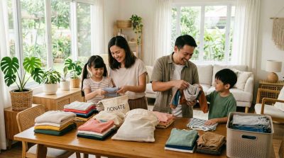 A family organizing and sharing clothes in a bright home, neatly folded garments, reusable clothing bags, children and parents working together
